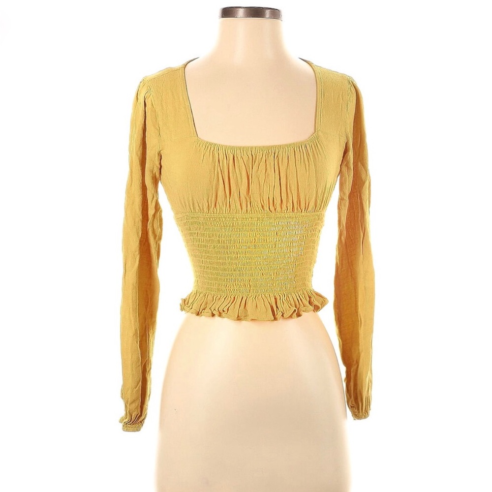 Skylar + Madison Trendy Yellow Square Neck Smocked Crop Top Long Sleeve Blouse